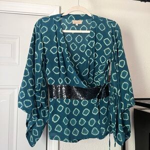 SUNDAR teal sheer silk sequin printed kimono sleeve wrap top blouse